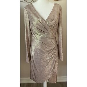 Nightway Rose Gold Metallic Faux Wrap Cocktail Dress Long Sleeve Size 10 USA